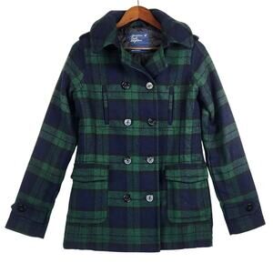 VTG American Eagle Women's Wool Blend Plaid Peacoat SZ SM Navy/Hunter Green EUC